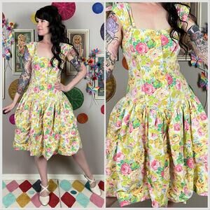Vintage 1980s Yellow Floral Sleeveless Bubble Hem Bustled Sundress